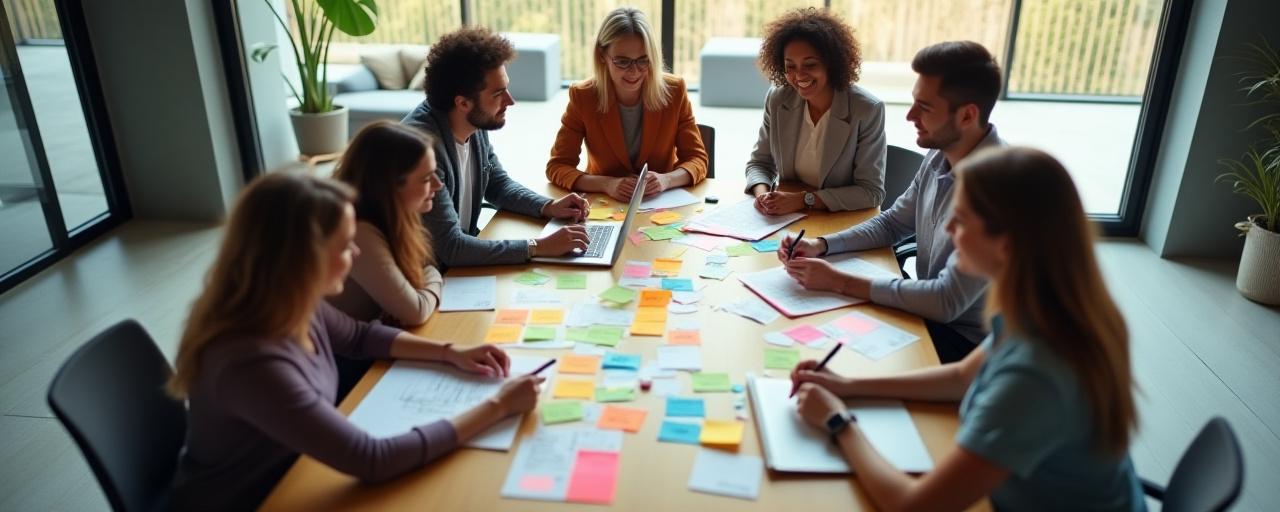 En grupp professionella personer som arbetar tillsammans runt ett bord med post-it-lappar och en laptop, symboliserar samarbete och analys.